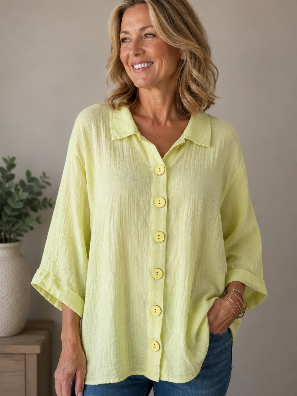 Ali Miles Sz 1X Yellow Collared Blouse 3/4 Sleeve Button Front Textured Top
